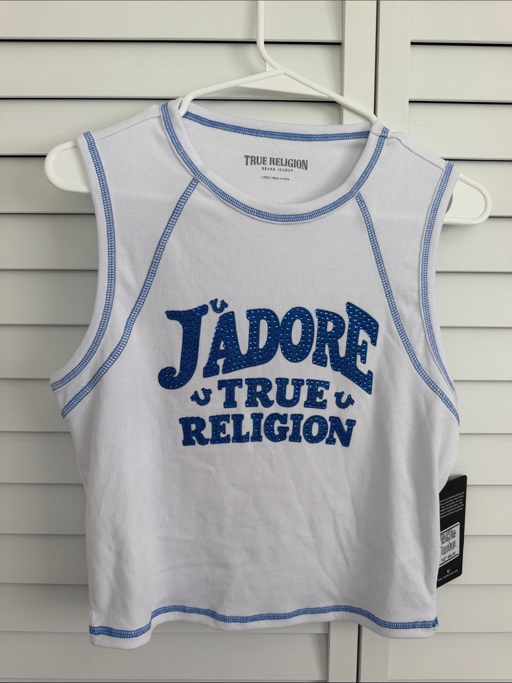 True Religion White Tank with Blue J'ADORE Graphic